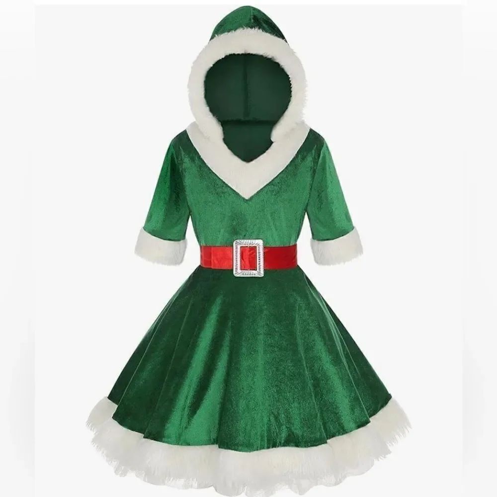 LMYOVE Girls Santa Green Elf Hooded Dress Costume(Large, Green)